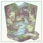  6+girls :d alice_margatroid blonde_hair blue_hair border bow brown_hat bug chigu cirno closed_eyes commentary_request day dragonfly flandre_scarlet flying forest hair_bow hat highres moriya_suwako multiple_girls nature open_mouth outdoors outside_border red_bow remilia_scarlet river rumia shanghai_doll short_hair smile stairs standing touhou tree twitter_username unworn_headwear water waterfall white_border 