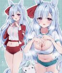  1girl adapted_costume animal_ears blue_hair blue_shorts blue_tail blush braid breasts cleavage clothes_lift commentary_request crown_braid dolphin_shorts ear_ornament grey_shorts gym_shirt heart highres horse_ears horse_girl horse_tail jacket large_breasts leaning_forward long_hair long_sleeves looking_at_viewer mejiro_ardan_(umamusume) midriff_peek multiple_views navel open_clothes open_jacket open_mouth parted_bangs purple_eyes red_jacket red_shorts shirt shirt_lift short_shorts short_sleeves shorts simple_background smile sports_bra spread_cleavage steam stomach sweat tail tandohark thighs tracen_training_uniform track_jacket umamusume white_shirt white_sports_bra 