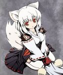  alternate_costume animal_ears detached_sleeves hat hat_removed headwear_removed inubashiri_momiji kourindou_tengu_costume looking_up short_hair silver_hair sitting solo tail thighhighs touhou wariza white_hair white_legwear windfeathers wolf_ears wolf_tail 