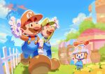  1girl :d arm_at_side arm_up big_nose blue_eyes blue_overalls blue_sky brothers brown_eyes brown_hair brown_shoes clenched_hand cloud connie_(mario) day fence flower foreshortening green_hat hashtag-only_commentary hat highres initial legs_apart long_sleeves luigi mario mario_&amp;_luigi:_brothership mario_&amp;_luigi_rpg mario_(series) monyorun no_pupils open_mouth outdoors overalls purple_toad_(mario) red_hat red_shirt salute shirt shoes short_hair siblings sideburns sky smile twitter_username walking yellow_flower yellow_toad_(mario) 