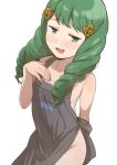  1girl apron arm_behind_back bare_shoulders black_apron blush breasts collarbone commentary drill_hair fire_emblem fire_emblem:_three_houses fish flayn_(fire_emblem) green_eyes green_hair groin hand_on_own_chest kuhuku006f86 looking_at_viewer naked_apron sleeveless small_breasts smile twin_drills 