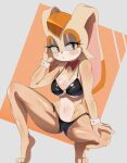 2025 3_toes anthro big_breasts bikini black_bikini black_clothing black_swimwear breasts cleavage clothed clothing crouching eyelashes feet female frown god1annie hair half-closed_eyes hi_res lagomorph leporid long_ears looking_at_viewer mammal mature_female midriff narrowed_eyes navel orange_eyes orange_hair rabbit sega shirt_cuffs solo sonic_the_hedgehog_(series) swimwear toes two-piece_swimsuit vanilla_the_rabbit wet