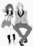 1boy 1girl adapted_costume anzu_(ensemble_stars!) blazer butian8 buttons closed_mouth collared_shirt commentary_request crossed_ankles diagonal-striped_clothes diagonal-striped_necktie double-breasted double-parted_bangs ensemble_girls! ensemble_stars! floating_hair full_body greyscale hair_between_eyes highres invisible_chair jacket kazehaya_tatsumi kimisaki_school_uniform kneehighs lapels light_smile loafers looking_at_viewer looking_to_the_side medium_hair miniskirt mole mole_on_cheek monochrome multiple_moles neck_ribbon necktie notched_lapels official_alternate_costume open_collar pants pleated_skirt pocket puffy_short_sleeves puffy_sleeves reimei_school_uniform ribbon sailor_collar school_uniform shirt shoes short_hair short_sleeves sitting skirt socks striped_clothes waving white_background 
