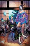  1boy 1girl bare_legs bare_shoulders batman_(series) black_hair breasts cleavage dc_comics evil_smile facepaint geisha green_hair highres j._scott_campbell japanese_clothes joker_(dc) kimono makeup moon night punchline_(dc) sandals smile statue sword topknot weapon 