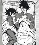  2boys absurdres bags_under_eyes black_hair clenched_hands clenched_teeth commentary danganronpa_(series) danganronpa_v3:_killing_harmony english_commentary english_text facial_hair flipped_hair goatee greyscale hair_between_eyes highres long_sleeves male_focus miri_(bossu_osu) momota_kaito monochrome multiple_boys nightmare oma_kokichi on_bed pillow short_hair size_difference sleeping sleepy speech_bubble spiked_hair teeth under_covers yaoi 