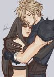  1boy 1girl armor arms_around_back bare_shoulders black_gloves black_hair blonde_hair blue_sweater blush brown_gloves closed_eyes cloud_strife couple crop_top earrings elbow_gloves eyelashes final_fantasy final_fantasy_vii final_fantasy_vii_remake gloves grey_background hand_on_another's_shoulder hetero highres hug jewelry kanbe_7777777 lips long_hair looking_at_another parted_lips red_eyes ribbed_sweater shoulder_armor signature simple_background spiked_hair stud_earrings suspenders sweater tank_top tifa_lockhart turtleneck turtleneck_sweater upper_body white_tank_top 