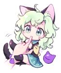  1girl 1other animal_ears biting_finger black_boots boots cat_ears cat_girl cat_tail chibi collared_shirt commentary eyeball frilled_shirt_collar frilled_sleeves frills green_eyes green_hair green_skirt kemonomimi_mode komeiji_koishi long_sleeves miy_001 no_headwear shirt signature simple_background skirt tail third_eye touhou white_background wide_sleeves yellow_shirt 