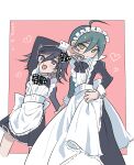  2boys absurdres ahoge apron bishounen black_dress black_hair blush bow bowtie bs_(twst_with) checkered_bow checkered_bowtie checkered_clothes commentary_request crossdressing crossdressing_(mtf) danganronpa_(series) danganronpa_v3:_killing_harmony dated dress embarrassed enmaided flipped_hair frilled_apron frills genderswap genderswap_(mtf) hair_between_eyes heart highres long_sleeves looking_at_viewer maid maid_apron maid_headdress male_focus male_maid multiple_boys oma_kokichi open_mouth partial_commentary pink_background puffy_sleeves saihara_shuichi short_hair simple_background smile v white_apron wrist_cuffs yellow_eyes 