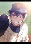  1boy absurdres ace_of_diamond baseball_cap baseball_jersey baseball_mitt baseball_uniform black_border blush border brown_eyes brown_hair commentary_request flying_sweatdrops grin hat highres iramiikaiiri jersey looking_at_viewer male_focus pillarboxed sawamura_eijun short_hair smile solo sportswear sweat 
