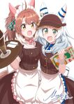  2girls ahoge animal_ears apron blue_bow blush bow bow_choker breasts brown_eyes brown_hair brown_shirt brown_skirt choker commentary_request dantsu_flame_(umamusume) ear_covers food frills grey_hair hair_between_eyes highres hishi_miracle_(umamusume) holding holding_tray horse_ears horse_girl horse_tail looking_at_viewer matty_(matsutomo) medium_hair menu_board multicolored_hair multiple_girls open_mouth parfait pink_bow pink_choker shirt short_sleeves simple_background skirt smile tail tray umamusume visor_cap waist_apron waitress white_apron white_background white_hair white_headdress white_wrist_cuffs wrist_cuffs 