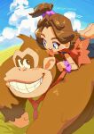  1boy 1girl :d bare_arms barefoot blue_eyes blue_pants blue_sky brown_fur brown_hair child clenched_hand cloud donkey_kong donkey_kong_(series) donkey_kong_bananza forehead grin hair_ornament hair_scrunchie hashtag-only_commentary highres light_blush looking_at_another lying monyorun necktie on_stomach outdoors pants pauline_(mario) pauline_(young)_(mario) purple_scrunchie red_necktie red_shirt scrunchie shirt short_hair sky sleeveless sleeveless_shirt smile soles teeth topknot twitter_username upper_teeth_only wrist_scrunchie 