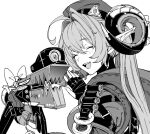  1girl ahoge ammunition beret birdhatter blush bow breasts dragon_girl dragon_horns fingerless_gloves gloves hair_between_eyes hat hood hoodie horns long_hair magus_(zenless_zone_zero) monochrome orphie_magnusson pointy_ears shotgun_shell twintails white_background zenless_zone_zero 