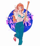  1girl bikini bikini_top_only blue_pants bracelet breasts cleavage clima-tact collarbone commentary_request denim finger_heart foot_out_of_frame green_bikini heart high_heels holding holding_staff jacket jeans jewelry large_breasts leg_up lngees log_pose long_hair looking_at_viewer midriff_peek nami_(one_piece) navel one_eye_closed one_piece orange_hair outstretched_arm pants partially_unzipped red_shoes shoes solo staff standing standing_on_one_leg swimsuit wavy_hair white_jacket 