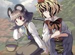  animal_ears animal_print basket black_hair blonde_hair capelet grey_hair hair_ornament highres jewelry mouse mouse_ears mouse_tail multicolored_hair multiple_girls nazrin pendant red_eyes shope short_hair sitting smile tail tiger_print toramaru_shou touhou two-tone_hair yellow_eyes 