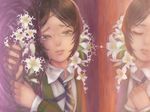  androgynous bad_id bad_pixiv_id black_hair closed_eyes different_reflection fate/zero fate_(series) flower green_eyes lily_(flower) male_focus necktie reflection solo sssbendan tears waver_velvet 