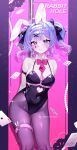  1girl animal_ears arm_strap arms_behind_back artist_name black_bow black_leotard blue_hair bow breasts bright_pupils card clothing_cutout facial_mark hair_bow hashtag-only_commentary hatsune_miku heart heart_cutout highres leotard o-ring o-ring_thigh_strap pantyhose playing_card pole purple_eyes rabbit_ears rabbit_hole_(vocaloid) rennieuww solo stripper_pole teardrop_facial_mark thigh_strap vocaloid white_pupils 