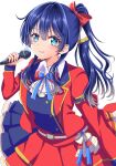  1girl absurdres blue_eyes blue_hair blue_vest bow bowtie closed_mouth collared_shirt commentary_request hair_bow highres holding holding_microphone jacket link!_like!_love_live! long_hair love_live! maymaru microphone mole mole_on_neck murano_sayaka open_clothes open_jacket pleated_skirt ponytail red_bow red_bowtie red_jacket red_skirt shirt simple_background skirt smile solo taiyou_de_are! vest virtual_youtuber white_background white_shirt 