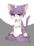  1girl alternate_costume animal_ears animal_hands animal_print bikini blush cat_busters cat_ears cat_girl cat_tail commentary_request debu_nezu embarrassed flat_chest full_body furry furry_female grey_background horns jitome kikin_(cat_busters) looking_at_viewer orange_bikini pear-shaped_figure petite print_bikini purple_fur purple_hair red_eyes short_hair simple_background single_horn sitting slit_pupils solo swimsuit tail tiger_print wariza 