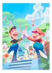  4boys :d absurdres arm_up big_nose blue_overalls blue_sky blurry border brown_hair closed_eyes cloud coat commentary_request dancing day depth_of_field dyode_(mario) emmit_(mario) facial_hair facing_another glasses gloves green_hat green_shirt hat high_five highres initial legs_apart long_sleeves looking_at_another luigi mario mario_&amp;_luigi:_brothership mario_&amp;_luigi_rpg mario_(series) monyorun multiple_boys musical_note mustache outdoors outline overalls red_hat red_shirt scene_reference shirt short_hair sideburns sky smile standing tree twitter_username white_border white_coat white_gloves white_outline 