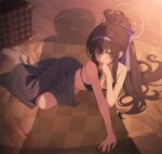  1girl absurdres arm_support beach beach_towel bikini black_bikini black_hair blue_archive blue_eyes blue_hairband blue_ribbon blush breasts cardigan commentary_request covering_own_mouth doodle_sensei_(blue_archive) evening eyed_silhouette feet gold_necklace grey_cardigan hair_ribbon hairband highres jewelry korean_commentary long_hair looking_at_viewer lying mahou_gnome necklace official_alternate_costume on_side ponytail ribbon ringed_eyes sensei_(blue_archive) sideboob silhouette silhouette_demon small_breasts solo sweat swimsuit toes towel ui_(blue_archive) ui_(swimsuit)_(blue_archive) unworn_cardigan very_long_hair 