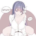  1girl blue_eyes blue_hair breasts button_gap cleavage collarbone commentary_request flat_color hair_ribbon highres indie_virtual_youtuber korean_commentary korean_text large_breasts long_hair long_sleeves looking_at_viewer mimyo_(vtuber) naked_shirt pov pov_crotch rapid17 ribbon shirt single_bare_shoulder smile solo_focus speech_bubble straddling talking translation_request virtual_youtuber white_ribbon white_shirt 