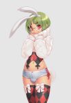  1boy animal_ears argyle_clothes argyle_shirt argyle_thighhighs blunt_bangs bow bow_legwear bulge closed_mouth clothing_request colored_eyelashes commentary_request cowboy_shot crop_top cross-laced_clothes cross-laced_shorts fake_animal_ears glasses green_eyes green_hair grey_background hands_up legs_together looking_at_viewer male_focus midriff navel original po-ju pocket rabbit_ears rabbit_tail red_shirt red_thighhighs shirt short_shorts shorts sideless_shorts sidelocks simple_background sleeves_past_wrists solo standing sweater tail thick_eyebrows thighhighs trap turtleneck turtleneck_sweater variant_set white_bow white_shorts white_sweater white_tail wide_hips 