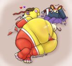 animal_crossing anthro armwear bear big_butt black_nose blush brown_hair butt christmas christmas_clothing clothing cotton_tail elbow_gloves eyelashes eyeshadow feet female fur gloves hair handwear head_tuft heart_eyes heart_symbol holidays huge_butt legwear looking_at_viewer looking_back looking_back_at_viewer lying makeup mammal nintendo nocheeseburger on_side panties pink_eyeshadow purple_eyes rear_view red_clothing red_gloves red_handwear red_legwear red_panties red_thigh_highs red_underwear solo tammy_(animal_crossing) thick_thighs thigh_highs tuft underwear wide_hips yellow_body yellow_fur