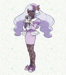  1girl black_pantyhose commentary_request dark-skinned_female dark_skin dress fascinator fishnet_pantyhose fishnets frills full_body glove_bow gloves gold_ring hair_ornament highres holding holding_poke_ball jacinthe_(pokemon) juliet_sleeves long_hair long_sleeves looking_at_viewer low_drills luxury_ball mega_stone official_art open_mouth pantyhose poke_ball pokemon pokemon_legends:_z-a puffy_sleeves purple_dress purple_eyes purple_hair shoes smile solo very_dark_skin white_gloves 