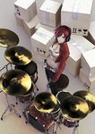  bad_id bad_pixiv_id belt box cardboard_box casual chevasis drum drumsticks fingerless_gloves from_above gloves headphones highres instrument jewelry meiko midriff navel necklace panties red_eyes red_hair short_hair thong underwear vocaloid 