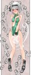  alternate_costume aoshima bare_legs bare_shoulders between_thighs blue_eyes blush breasts chinese_clothes covered_nipples covering covering_crotch hairband highres hitodama konpaku_youmu konpaku_youmu_(ghost) looking_at_viewer medium_breasts short_hair silver_hair simple_background solo touhou 