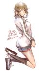  1girl amane_suzuha amane_suzuha_(beta) black_socks blush breasts brown_hair drill_hair from_side hair_rings jacket kneehighs science_adventure shoes shorts small_breasts smile sneakers socks solo steins;gate steins;gate_0 thighs track_jacket twin_drills yakku yellow_eyes 