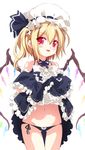  ass_visible_through_thighs bad_id bad_pixiv_id bangs bare_shoulders black_panties blonde_hair blue_ribbon blush bow bow_panties cowboy_shot dress dress_lift eyebrows_visible_through_hair fang flandre_scarlet frilled_dress frills groin hair_between_eyes hat lifted_by_self looking_at_viewer lowleg marinon navel neck_ribbon panties parted_lips pillow_hat red_eyes ribbon side-tie_panties side_ponytail simple_background solo standing thigh_gap touhou underwear white_background wings 