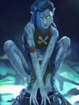  1girl absurdres alien arcane:_league_of_legends arcane_jinx arm_tattoo bare_shoulders blue_hair blue_skin braid cloud_tattoo colored_skin crop_top crossover glowing glowing_eyes highres james_cameron's_avatar jinx_(league_of_legends) league_of_legends loincloth long_hair na'vi no0existe pointy_ears solo squatting tattoo twin_braids yellow_eyes 
