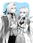  2boys aether_(as_heaven_and_earth_are_made_anew)_(genshin_impact) aether_(genshin_impact) ahoge arm_armor blue_background border bow brooch closed_mouth commentary_request cowboy_shot diamond-shaped_pupils diamond_(shape) earrings flower_ornament formal_clothes genshin_impact gloves greyscale_with_colored_background hair_between_eyes hair_bow hand_up hato_niku heart highres holding_hands jacket jewelry lapels long_hair long_sleeves looking_at_another low_ponytail male_focus mandarin_collar multicolored_hair multiple_boys necktie neuvillette_(genshin_impact) neuvillette_(melusent_gift)_(genshin_impact) official_alternate_costume official_alternate_hairstyle open_clothes open_jacket open_mouth outside_border pants partially_fingerless_gloves ponytail ring shirt sidelocks simple_background single_earring smile standing star_(symbol) star_earrings streaked_hair striped_bow suit suit_jacket symbol-shaped_pupils tassel teeth tongue translation_request vest white_border yaoi 