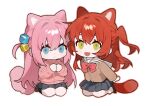  2girls :d animal_ears black_skirt black_socks blue_eyes bocchi_the_rock! bow bowtie brown_cardigan brown_shoes cardigan cat_ears cat_girl cat_tail chibi chibi_only closed_mouth cube_hair_ornament full_body gotoh_hitori hair_between_eyes hair_ornament haru_(ririne9999rine) highres jacket kemonomimi_mode kita_ikuyo long_hair long_sleeves looking_at_viewer multiple_girls one_side_up open_mouth pink_hair pink_jacket pleated_skirt red_bow red_bowtie red_hair sailor_collar school_uniform seiza shoes shuka_high_school_uniform simple_background sitting skirt smile socks tail track_jacket white_background white_sailor_collar white_socks yellow_eyes 