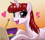  &lt;3 drawing equine eraser female feral friendship_is_magic hair horn john_joseco lauren_faust_(character) looking_at_viewer mammal my_little_pony pencil red_hair smile solo winged_unicorn wings 
