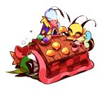 2023 ambiguous_gender antennae_(anatomy) anthro arthropod arthropod_abdomen bee beetle beverage blue_body bug_fables cheek_spots chompy_(bug_fables) container cup elemental_creature empty_eyes eyelashes flora_fauna food furniture green_body group happy hi_res holding_beverage holding_food holding_object horn hymenopteran insect kabbu_(bug_fables) kotatsu leif_(bug_fables) lepidopteran lying moonsprout_games moth on_side open_mouth open_smile plant rhgj8108 simple_background sleeping smile table trio vi_(bug_fables) white_background wings yellow_body