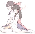  2girls ascot bird_wings black_hair black_wings blush bow closed_eyes closed_mouth commentary_request detached_sleeves flying_sweatdrops frilled_bow frilled_hair_tubes frills hair_bow hair_tubes hakurei_reimu hug hug_from_behind long_hair multiple_girls neck_ribbon pointy_ears puffy_short_sleeves puffy_sleeves red_bow red_eyes red_skirt ribbon ribbon-trimmed_sleeves ribbon_trim seele_(chanseele0128) shameimaru_aya short_hair short_sleeves simple_background sitting skirt skirt_set sleeping socks sweatdrop touhou white_background wings yellow_ascot yuri zzz 