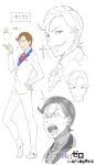  1boy ^^^ ascot blue_shirt brown_eyes brown_hair character_name clenched_teeth closed_mouth collared_shirt commentary_request copyright_logo copyright_name dress_shoes handkerchief highres jacket jewelry kiritaka_muse logo long_sleeves looking_at_viewer multiple_views official_art ootsuka_shin'ichirou open_mouth pants re:zero_kara_hajimeru_isekai_seikatsu red_ascot ring shirt short_hair simple_background sketch smile standing suit suit_jacket surprised sweat teeth v-shaped_eyebrows white_background white_pants white_suit 