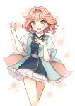  1girl absurdres aqua_bow aqua_jacket aqua_skirt back_bow bow buttons earrings floral_background frilled_skirt frills hair_intakes hairband hand_on_own_chest hand_up hibiki_koto highres jacket jewelry looking_at_viewer medium_hair meteorite_(yurenlin8) open_mouth orange_eyes orange_hair puffy_short_sleeves puffy_sleeves short_hair short_sleeves single_earring skirt smile solo synthesizer_v vocaloid white_background 