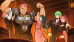  2girls 3boys armor blue_hair breastplate breasts brother_and_sister cleavage closed_eyes commentary commission earrings english_commentary father_and_daughter father_and_son fire_emblem fire_emblem:_three_houses fire_emblem_warriors:_three_hopes flexing green_hair happy hetero highres hilda_valentine_goneril hilda_valentine_goneril_(timeskip) holst_sigiswald_goneril hoop_earrings husband_and_wife implied_pregnancy indoors jewelry large_breasts long_hair looking_at_another male_byleth_(awakened)_(fire_emblem) male_byleth_(fire_emblem) mother_and_daughter mother_and_son multiple_boys multiple_girls muscular muscular_male official_alternate_hair_color open_mouth pauldrons pink_hair sethkiel short_hair shoulder_armor shoulder_spikes siblings smile spikes twintails uncle_and_nephew uncle_and_niece 