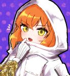  1girl blush chain commentary_request freckles gloves hood hood_up hoodie ishmael_(project_moon) limbus_company long_sleeves looking_at_viewer middle_(identity)_(project_moon) monosirofj orange_hair portrait project_moon pulling_own_clothes purple_background sharp_teeth short_hair simple_background solo teeth white_gloves white_hoodie yellow_eyes 
