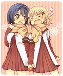  2girls arguing blonde_hair blue_hair commentary_request fang furutani_himawari hair_ornament hairband hairclip holding_hands interlocked_fingers kmgkmgk layered_sleeves long_sleeves multiple_girls nanamori_school_uniform oomuro_sakurako open_mouth scarf school_uniform serafuku shared_clothes shared_scarf short_over_long_sleeves short_sleeves tsundere yuru_yuri 