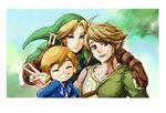  3boys blonde_hair blue_eyes earrings gloves grin hat jewelry link male_focus multiple_boys multiple_persona pointy_ears smile the_legend_of_zelda the_legend_of_zelda:_ocarina_of_time the_legend_of_zelda:_the_wind_waker the_legend_of_zelda:_twilight_princess v 