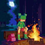  1girl apple backpack bag blue_eyes blush_stickers boots brown_hair campfire commentary english_commentary faux_3d fire food fox fox_(minecraft) frog_hat frostyflytrap fruit full_body full_moon green_boots green_jacket hat holding jacket jaggy_lines long_sleeves looking_ahead low_poly lowres minecraft minecraft_(style) moon night oekaki official_style outdoors pink_bag pink_shorts rana_(minecraft) scenery short_hair short_twintails shorts sitting skewer sky socks solo sweet_berries_(minecraft) tree twintails unworn_bag 