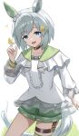  1girl absurdres animal_ears blue_eyes breasts brown_choker bug butterfly choker collarbone commentary_request ear_covers flower green_sailor_collar green_shorts grey_hair hair_between_eyes hair_flower hair_ornament hairclip highres horse_ears horse_girl horse_tail long_sleeves looking_at_viewer open_mouth sailor_collar seiun_sky_(reeling_in_the_big_one)_(umamusume) seiun_sky_(umamusume) shirt short_hair shorts single_ear_cover small_breasts smile solo sunflower sunflower_hair_ornament tail thigh_strap umamusume utd_(ponzu_supai) white_shirt 