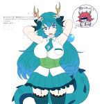  2girls arms_up bar_censor belt blue_dragon_(kemono_friends) blue_eyes blue_hair breasts bursting_breasts censored chicha_(chi_cha_rigbo) collared_shirt dragon_ears dragon_girl dragon_horns dragon_tail extra_ears fingerless_gloves fishnet_gloves fishnets gloves green_belt hair_between_eyes highres horns japari_symbol kemono_friends kemono_friends_3 large_breasts long_hair multicolored_horns multiple_girls necktie open_mouth popped_button red_dragon_(kemono_friends) red_eyes red_hair scale_print shirt sleeveless smile sweat tail thighhighs yellow_horns 