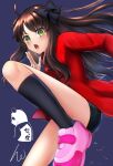  1girl absurdres ahoge arima_miyako black_hair bow chinese_clothes green_eyes hair_bow highres long_hair long_sleeves looking_at_viewer melty_blood open_mouth pink_shoes ribbon shoes shorts signature socks solo tsukihime yatukachan 