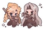  2girls :3 armor black_coat blonde_hair blue_eyes blush blym7oym7759061 braid breasts buster_sword chibi chibi_only closed_mouth cloud_strife coat commentary_request final_fantasy final_fantasy_vii full_body genderswap genderswap_(mtf) gloves green_eyes grey_hair highres long_hair multiple_girls pauldrons sephiroth shoulder_armor sparkle spiked_hair standing twin_braids white_background 