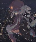  1girl absurdres black_jacket blue_eyes boots christmas city commentary_request dated_commentary flying from_above fur-trimmed_boots fur_trim gift hat hat_ornament highres id_card jacket long_sleeves looking_at_viewer nep_(nep_76) night open_clothes open_jacket open_mouth original outdoors red_boots red_hat red_sweater solo star_(symbol) star_hat_ornament sweater white_hair 